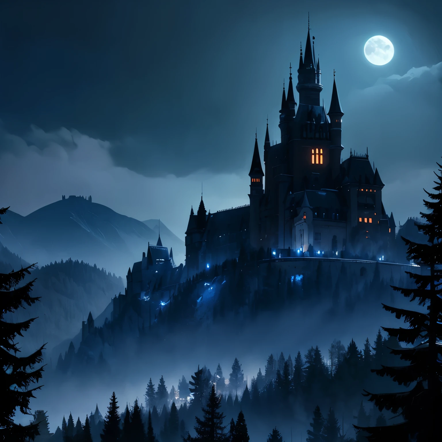 Emphasis on dark forest of war at night, with dracula's castle and distant full moon. Dark, bluish lighting. View of the very distant scenery.