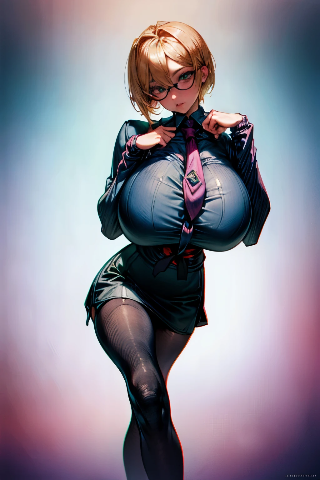(8K, top-quality, masterpiece: 1.2), (realistic, Photorealistic: 1.2), Intelligent secretary with a curvaceous figure, wearing a well-tailored business suit, (Busty: 1.5), (Elegant posture: 1.3), Sitting at a desk, (Beautifully detailed eyes: 1.5), (Blonde hair: 1), (short hair: 1.1), Wearing glasses with a professional look, (Her suit jacket and shirts are buttoned:1.5), (Polished shoes: 1.1), (Detailed suit fabric: 1.0), gigantic breasts, thigh high stockings, (necktie:1.5), (middle skirt:1.5)