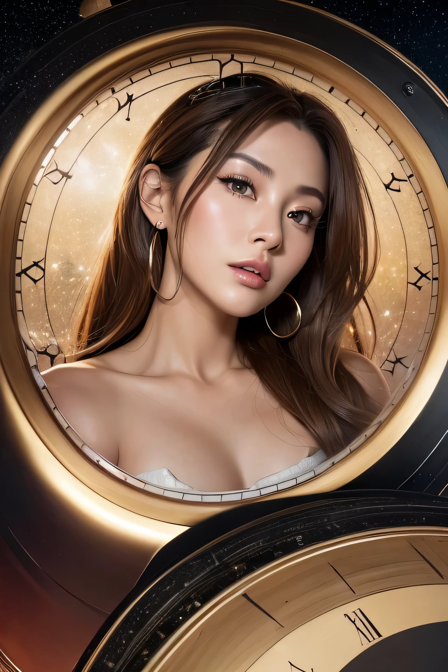 (masterpiece:1.2), Super detailed, ultra high resolution, (realistic, photo realistic:1.37), High-definition RAW color photos, professional photos, highly detailed face, very fine eyes, highly detailed skin, very fine fingers, highly detailed nose, highly detailed mouth, perfect anatomy, highly detailed background, (famous japanese actress:1.2), (Improve:1.35), (flat chest), brown race, black skin, fantasy, (panorama), (Huge circular flowing round glitter clock background), through the universe,(Transparent hollow round lame clock with a huge circular flow at the top), Perfect circular lamé clock, (circular surround floating cityscape landscape), space background, starry sky, Milky Way, cowboy shot,