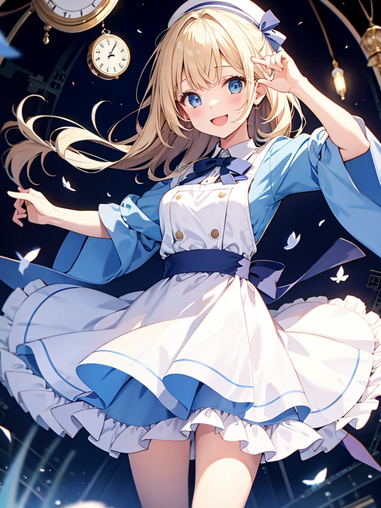 1 girl、laughter、light blue dress、white apron、blonde hair、ribbon、clock、wonderland、（small breasts）、movement、