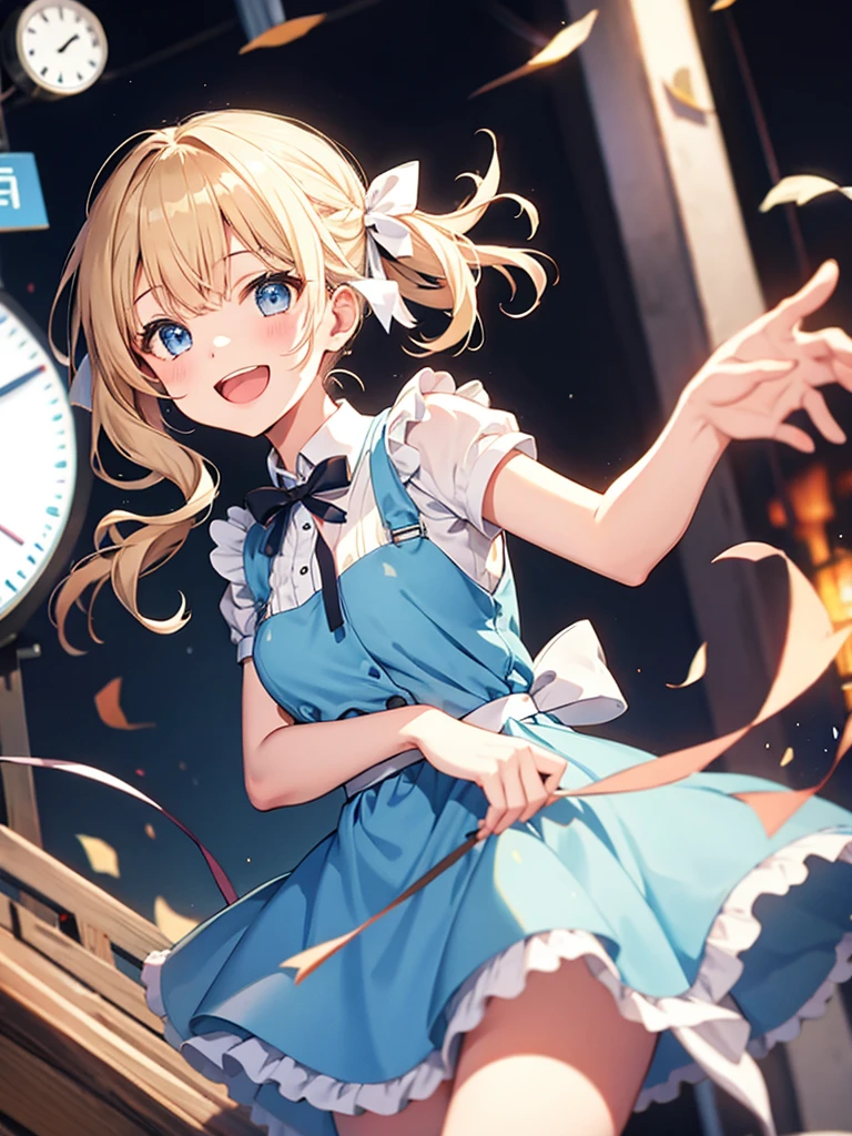 1 girl、laughter、light blue dress、white apron、blonde hair、ribbon、clock、wonderland、（small breasts）、movement、