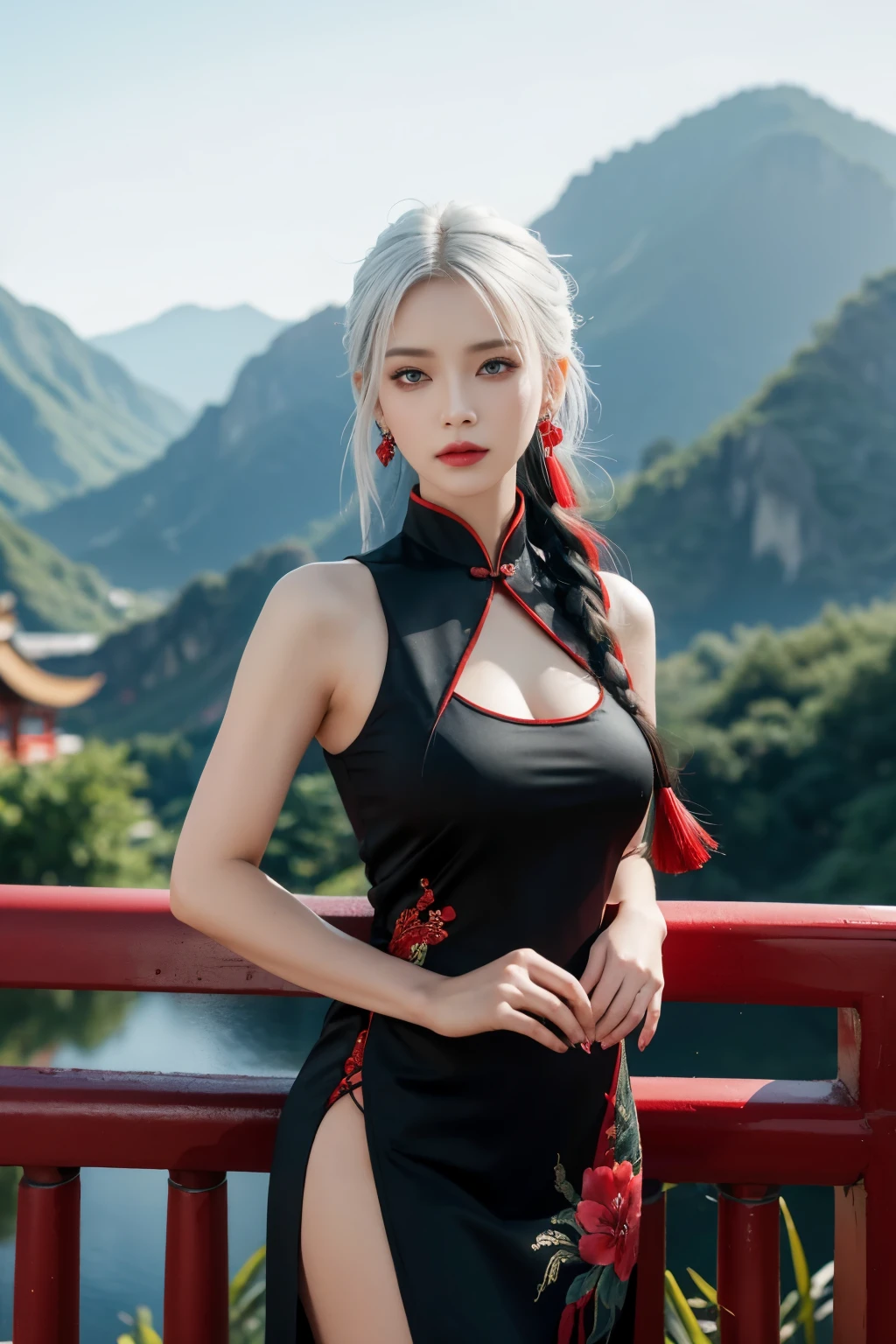 vibrant colors, female, masterpiece, sharp focus, best quality, depth of field, cinematic lighting, white hair, red eyes, braid, dress, long hair, red eyes, tattoo, earrings, jewelry, black dress, hair ornament, bangs, chinese clothes, breasts, china dress, sleeveless, 