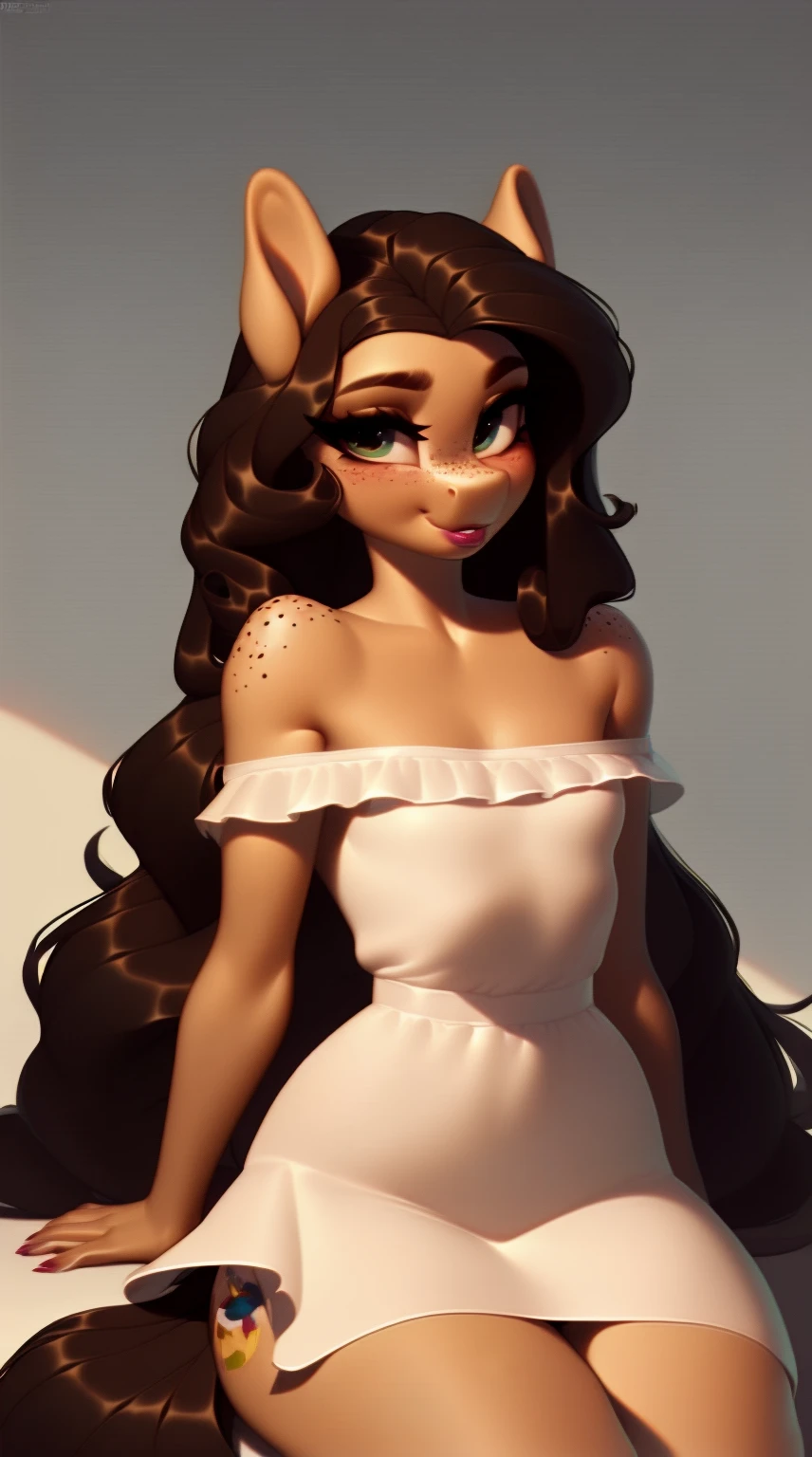 (score_9), (source_ derpibooru_p_95), (earth pony), ((anthro oc pony:1.1)), (shoulderless sun dress), very cute, blushing, shy smile, solo, realistic long hair, anatomically correct, flat chest, solo, curvy figure, high res, bottom lip, extremely detailed, ager, absolutely stunning,