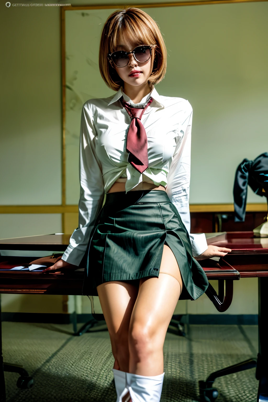(8K, top-quality, masterpiece: 1.2), (realistic, Photorealistic: 1.2), Intelligent secretary with a curvaceous figure, wearing a (well-tailored business suit:1.5), (Busty: 1.5), (Elegant posture: 1.3), Sitting at a desk, (Beautifully detailed eyes: 1.5), (Blonde hair: 1), (short hair: 1.1), Wearing glasses with a professional look, (Her suit jacket and white shirts are buttoned:1.5), (Polished shoes: 1.1), (Detailed suit fabric: 1.0), gigantic breasts, thigh high stockings, (necktie:1.5), (middle skirt:1.5)