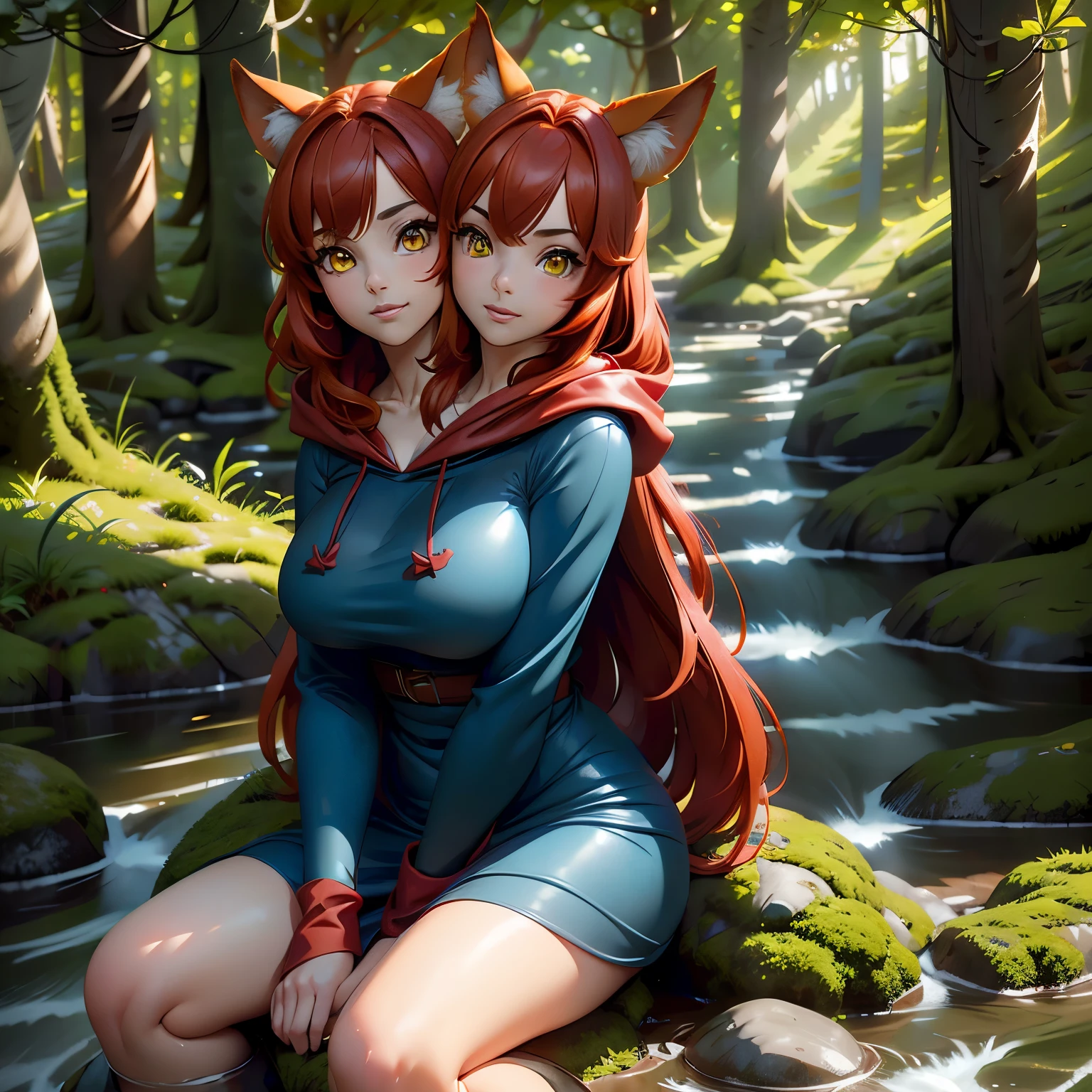 Lolicon, A girl, young, fox ears, fox tail, red hair, cute, small, short, anime realistic render, at a lake, at night, moonlit, dark brown eyes, small breast, loose pigtails, ribs showing, front view, naked,