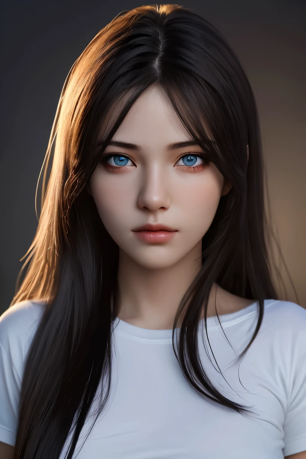 best quality, masterpiece, ultra high resolution, (lifelike:1.37), original photo, 1 girl, long hair, beautiful eyes, beautiful face, Detailed eyes and face, t-shirt, dynamic lighting, in the darkness, deep shadow, low profile, cowboy shooting