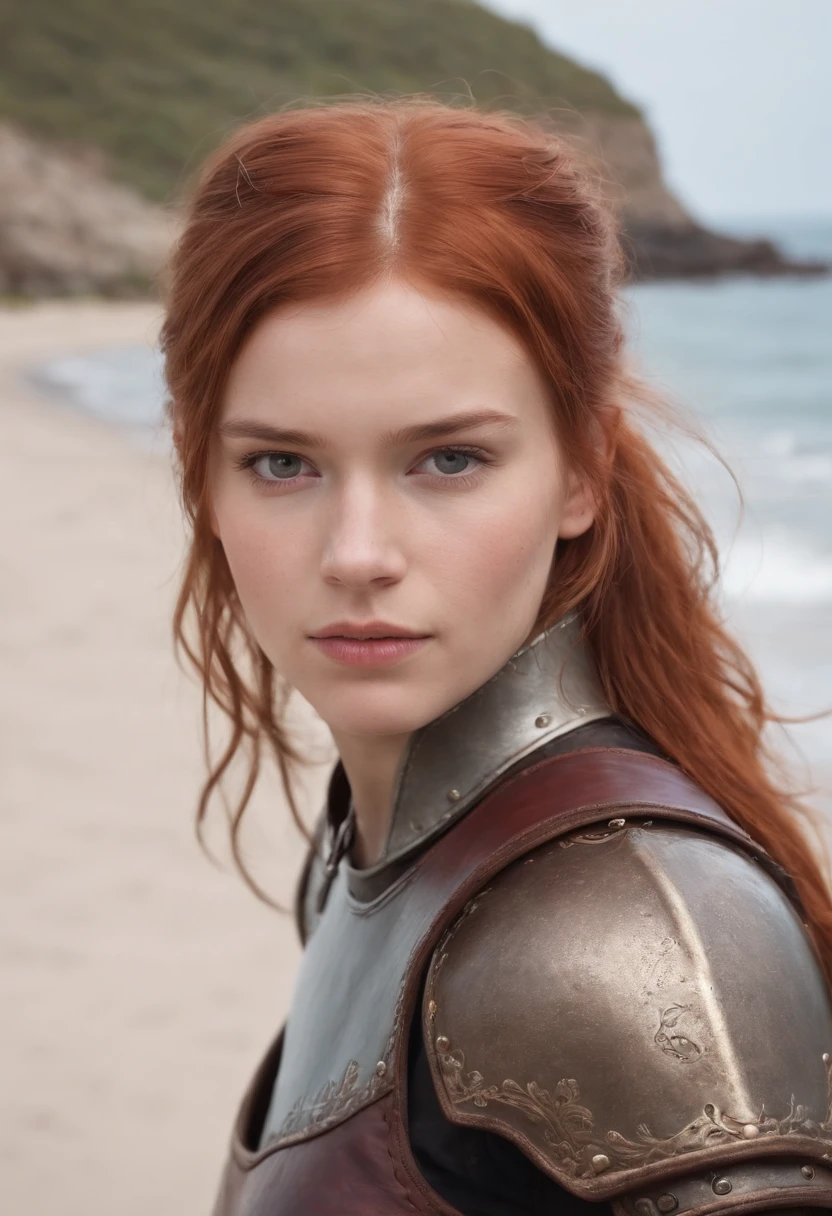 norwegian girl 14 years old ,Red-haired ponytail, dusty face, wearing leather armor, against the background of a sandy beach, sword in hands, Wind, photorealism, sharp focus, fallout,Photo 4/4, Realistic facial skin, oppressive atmosphere,With view 3/4,