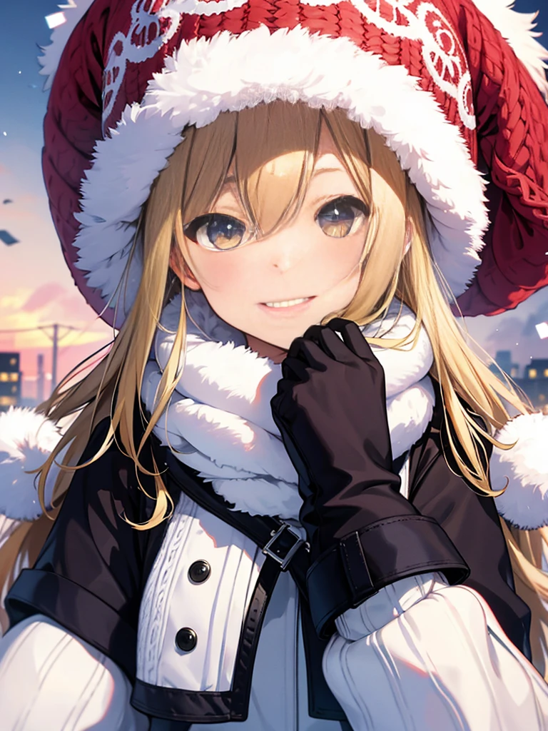 1 girl、cute、blonde、wave、long hair、Knitted hats、gloves、white breath、face close up、smile、Winter clothes、Warm clothes、smile、14age、