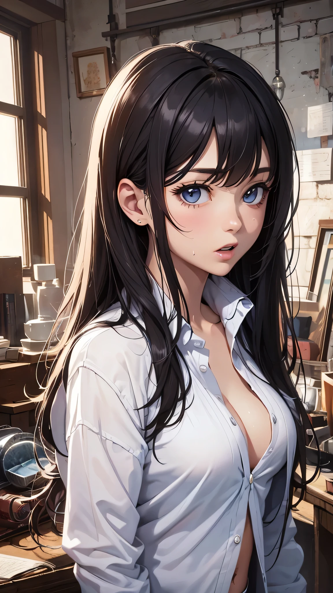 ((Biologically correct limb count))、(( Full-body photo including face))、4K、((Standing position))、masterpiece、((Focus on the face))、((Symmetrical facial features))、Eye for detailed depiction、Beautiful blue-haired woman、Excellent style、Beautiful clavicle、Beautiful feet、Beautiful Hands、Slender body、(blazer、skirt、Black Stockings、garter belt、High heels)、Facial detailing、Small earrings、necklace、tie、Scenery inside the association、((A ray of light pours down))、(Low - Angle、下からskirtの中を撮影するカメラアングル)、Black Hair、Silver Hair、((Embarrassed face)))、((Face forward and stick your chin out))、Close-up photo of the upper body、