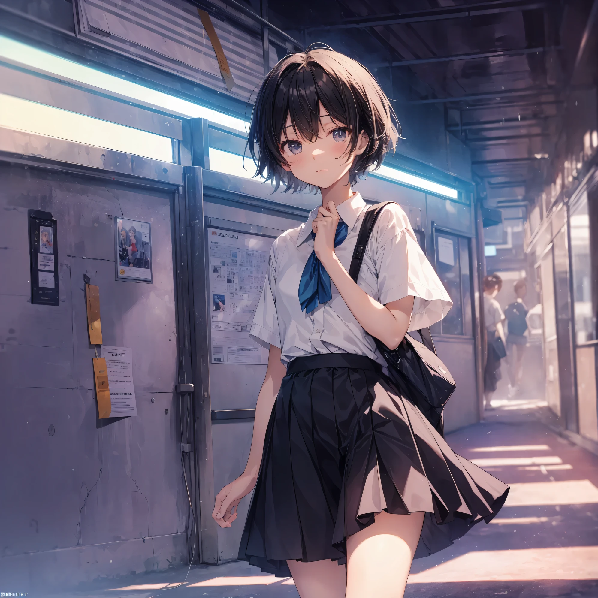 Super high quality by the art god, super detailed, High resolution, Shinkai Makoto style, anime moe art style, best anime 8K konachan wallpaper, pixiv contest winner, perfect anatomy, break,(眠そうにalone学校へ行く女の子を描いてください. ),break, surreal high school girl, (alone,change, child,13 years old:1.3),All limbs, full finger,Middle school students, androgynous charm, ((very short hair)), messy hair, flat and soft chest, small ass, between legs, Small black eyes,beautiful and fine eyes, Well-proportioned iris and pupils, disgusted eyes, High resolutionの詳細な髪, school uniform, (skirt), On the way to school. break,super dense skin, Best lighting by famous artists, 8K, figure,