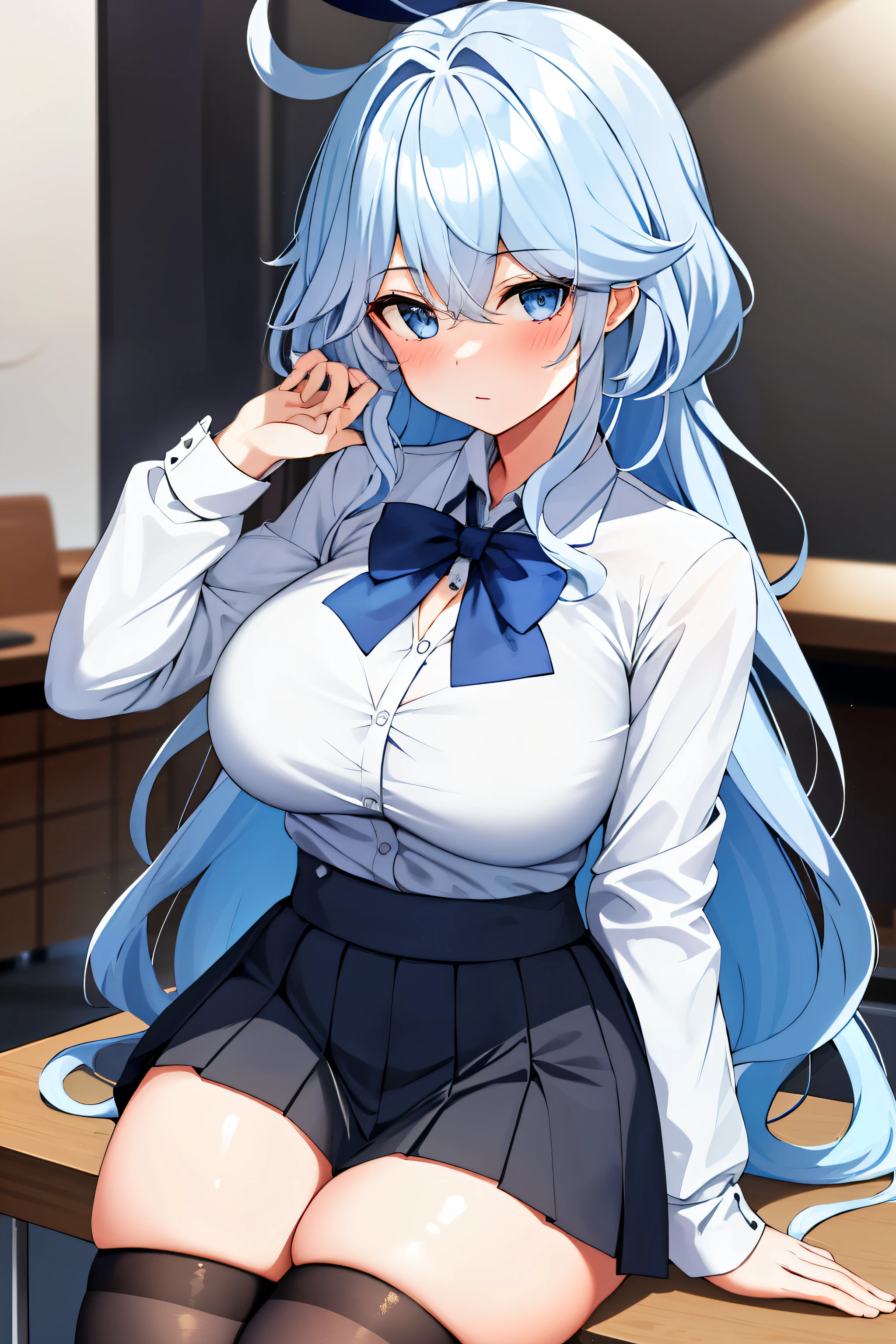 1girl, solo, ((white shirt)), black thighhighs, breasts, cleavage, uniform, office background, black skirt, pleated skirt, office,large breasts, looking at viewer, BLUE SEA HAIR, solo, thighhighs, thighs, very long hair, ((masterpiece)), sitting, chair, desk, computer on desk, name tag, id tag, indoor, blush, sexy pose,