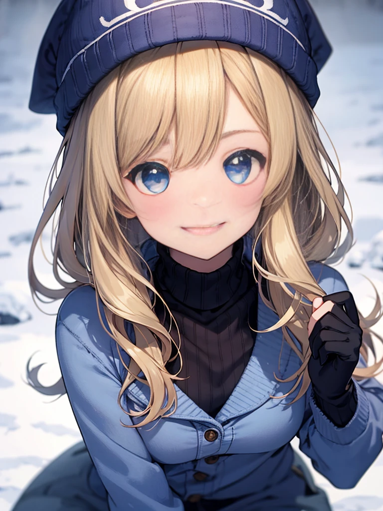 1 girl、cute、blonde、wave、long hair、Knitted hats、gloves、white breath、face close up、smile、Winter clothes、Warm clothes、smile、14age、Sparkling、blue eyes、画面いっぱいのsmile、
