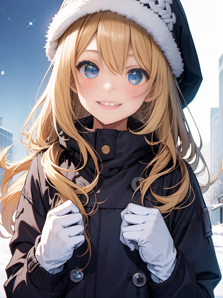 1 girl、cute、blonde、wave、long hair、Knitted hats、gloves、white breath、face close up、smile、Winter clothes、Warm clothes、smile、14age、Sparkling、blue eyes、画面いっぱいのsmile、