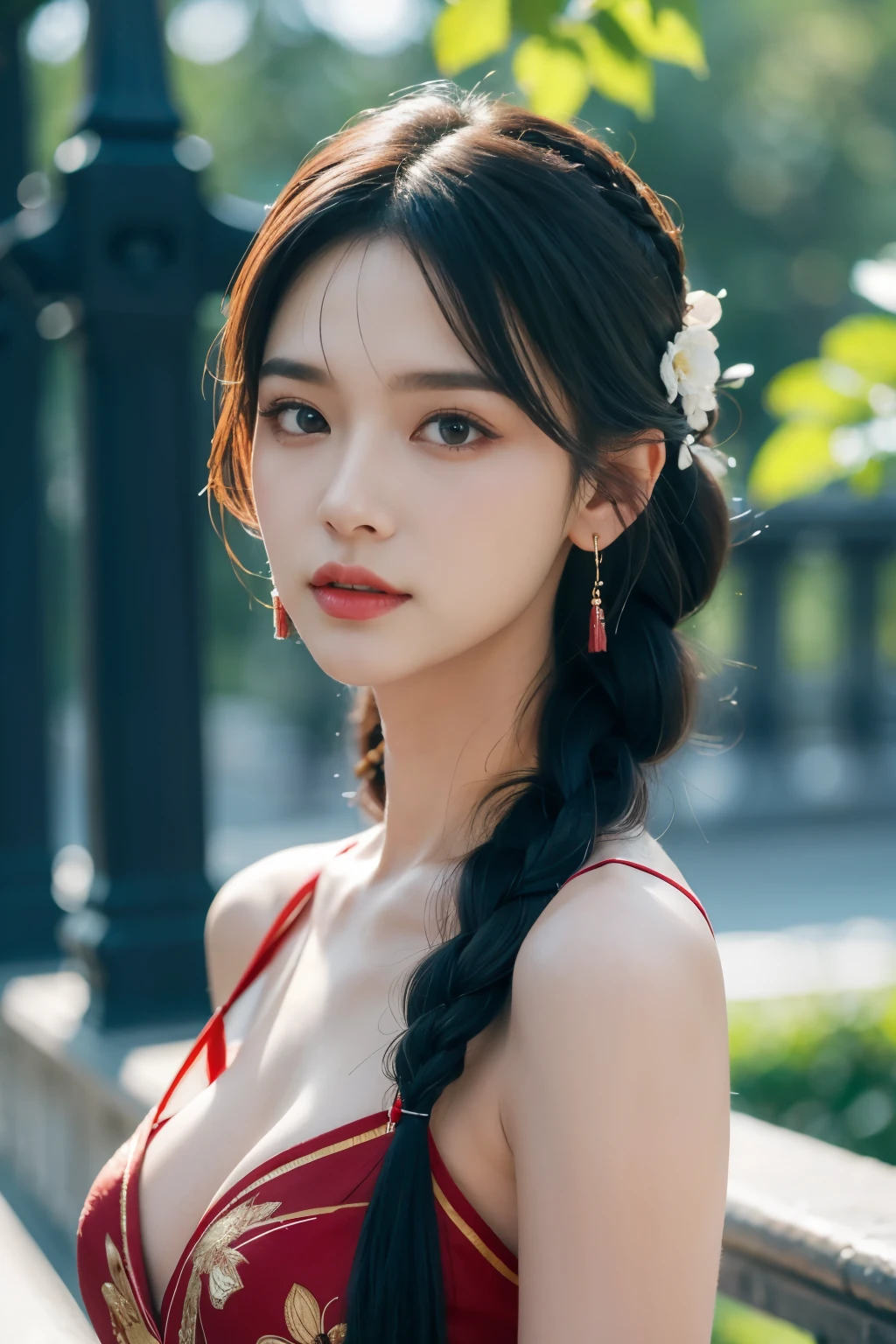 vibrant colors, female, masterpiece, sharp focus, best quality, depth of field, cinematic lighting, white hair, red eyes, braid, dress, long hair, red eyes, tattoo, earrings, jewelry, black dress, hair ornament, bangs, chinese clothes, breasts, china dress, sleeveless, 