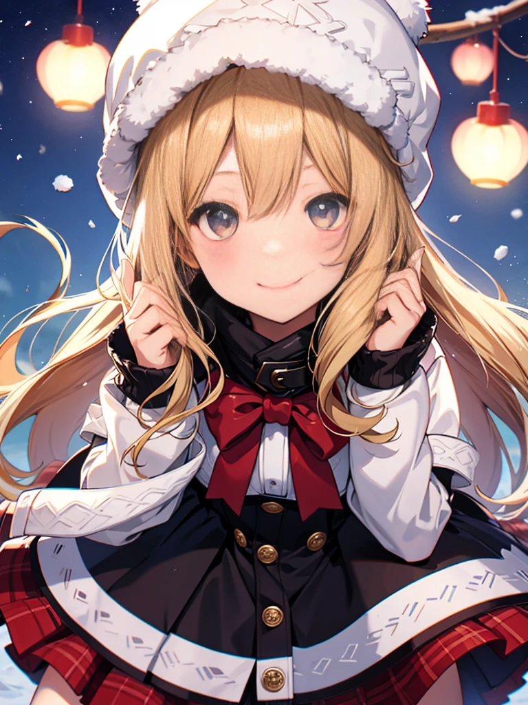 1 girl、cute、blonde、wavy hair、long hair、medium bob、Knitted hats、ribbon、gloves、white breath、face close up、smile、Winter clothes、Warm clothes、smile、14age、、