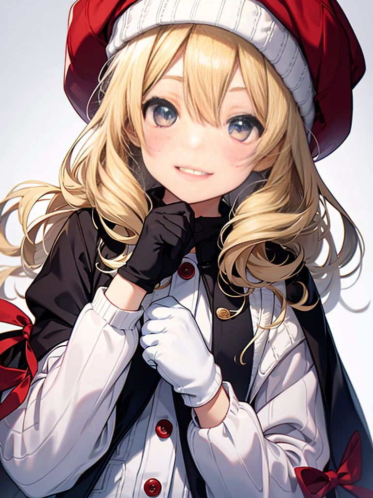 1 girl、cute、blonde、wavy hair、long hair、medium bob、Knitted hats、ribbon、gloves、white breath、face close up、smile、Winter clothes、Warm clothes、smile、１４age、little girl、