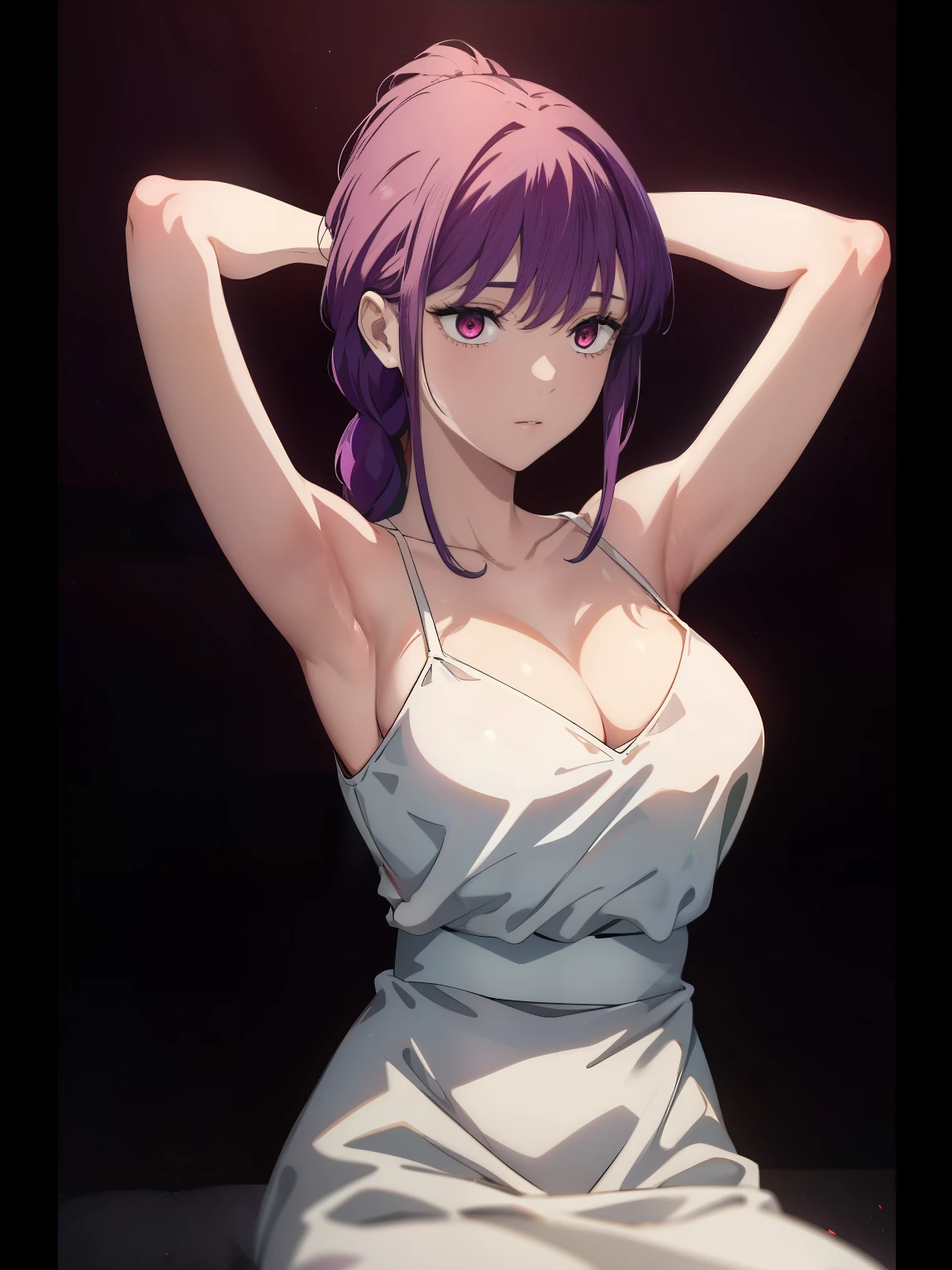 A girl(art work:1.2), And she's sexy ((Arms up)) her ((mediating)) Breasts, in a ((dark purple lighting)) Her eyes widened, Her body is exquisitely designed((Masterpiece:1.3)) Her smooth and beautiful skin is perfectly designed, arms out of frame, hands out of frame, Beautiful white dress, cleavage focus, red eyes, braided ponytail.