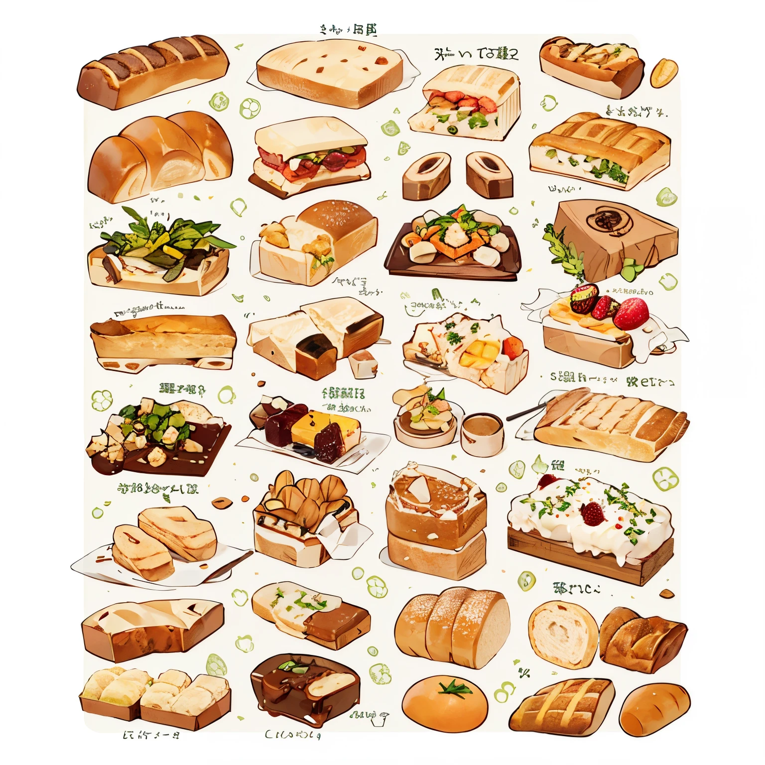 many,{Tosts,ฺBreads],food,many styles,fruity ,sticker,more toppings,colorful,full view,clear background, piece by piece , icon , pattern , row , more details, only image, Master piece,high resolution
