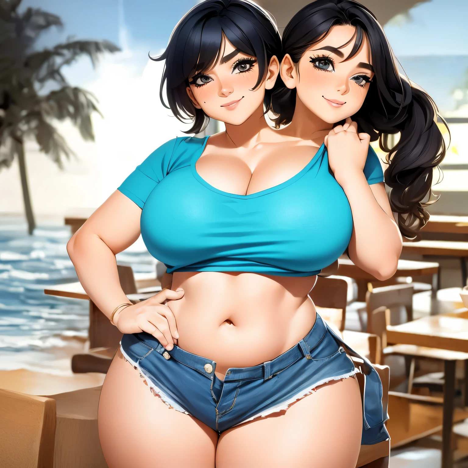 2heads, short chubby woman with 2 heads. Massive breasts. ager. At the beach. Wearing trikini. Messy hair in a ponytail. Happy. Smiling. Blushing. Spunky. Think eyeliner. Gorgeous thin mature face. Seductive. Huge fake round tits. Pulling shirt, touching breasts. Big erect nipples. Huge thighs. Girlfriend. Small, short. Tiny.