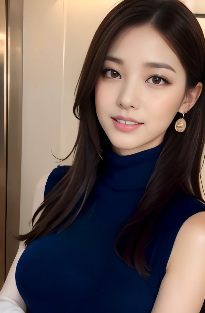 (((Violet Sleeveless Turtleneck Knitted Dress:1.2)))、(innocent and elegant girl)、(cowboy shot:1.2)、(focus on face and chest)、big breasts、(Luxury hotels:1.2)、From above、(straight hairstyle、brown hair、medium long hair)、Highly detailed face and skin texture、detailed eye、double eyelid、pale cheeks、 small shiny necklace and earrings、glossy lips:1.4、pure white skin:1.2、((big breasts:1.2))、ask for a kiss:1.2