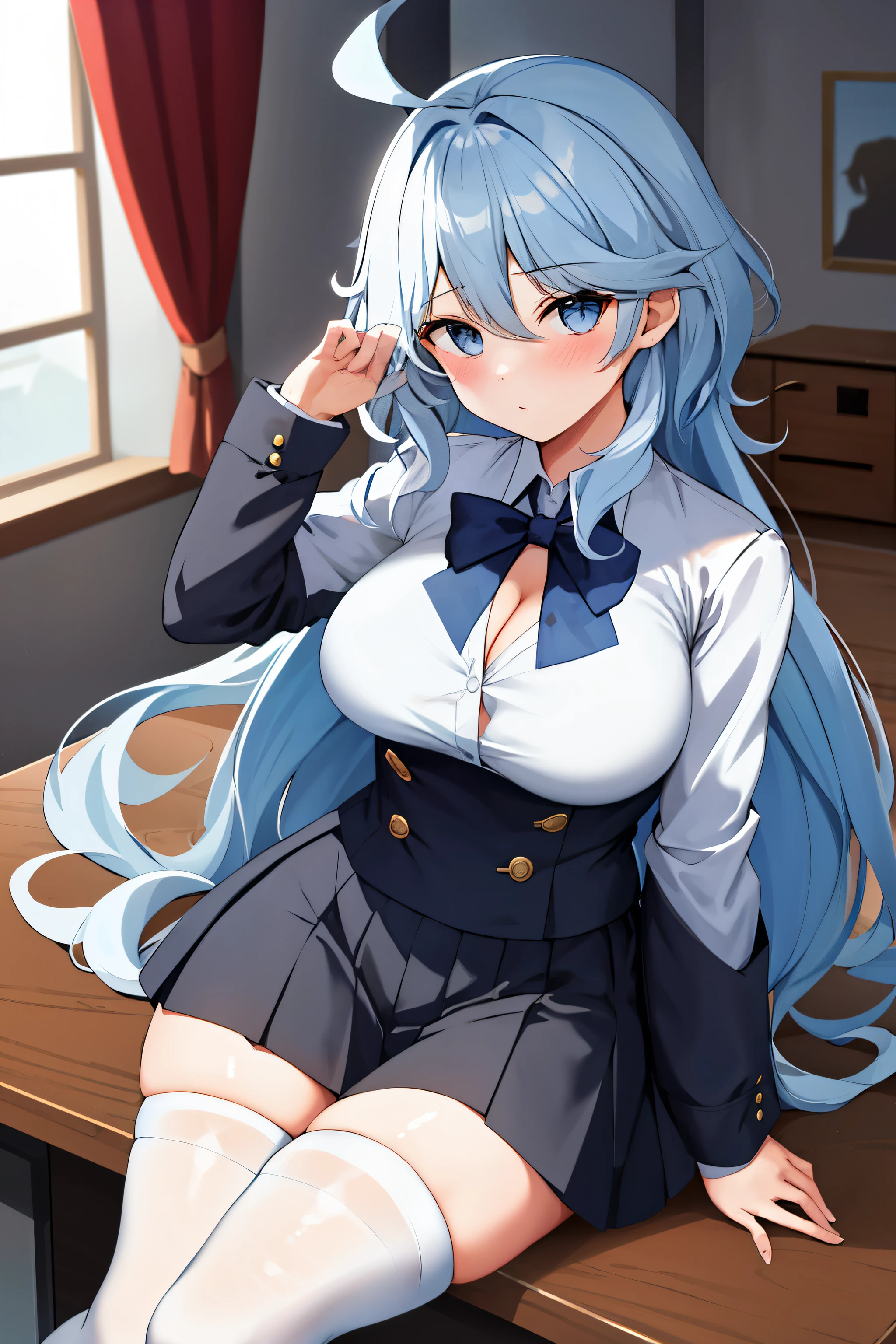 1girl, solo, ((white shirt)), black thighhighs, breasts, cleavage, uniform, office background, black skirt, pleated skirt, office,large breasts, looking at viewer, BLUE SEA HAIR, solo, thighhighs, thighs, very long hair, ((masterpiece)), sitting, chair, desk, computer on desk, name tag, id tag, indoor, blush, sexy pose,