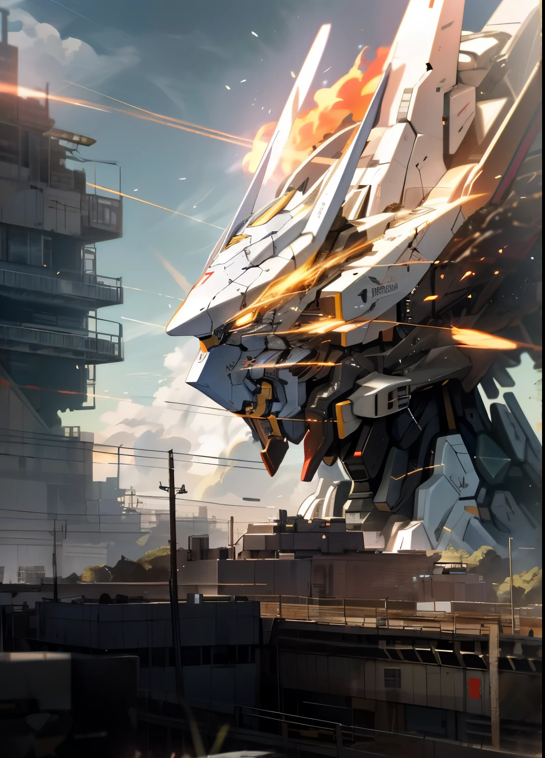 sky sky,Cloud,battle,No_human nature,Glowing light,,black,buliding,luminescent_Eye,Mecha,Science fiction,City,actual,Mecha,high combustible battle field,gundam style,An epic masterpiece,realistically,panoramic