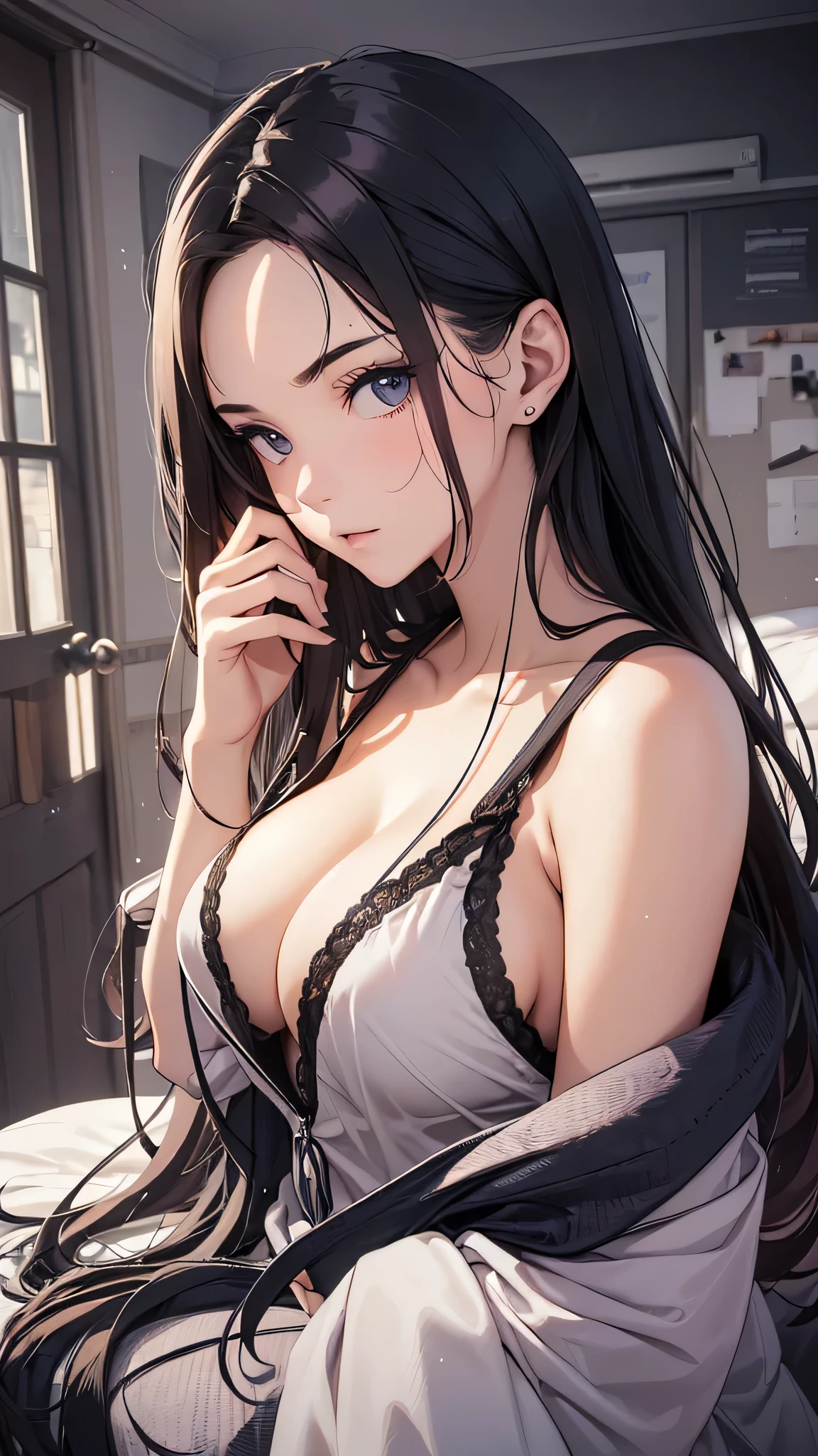 最high quality、best image quality、masterpiece、age girl((18-year-old、 By becoming、vest bust、medium bust,wide open breast tea、black eye, black hair、long hair、thin,highest valley、tired face、Sweat、get up,yawn、Naked Y-shirt、Change of clothes)),high quality、beautiful art、background((messy room)),debris flies、Depth of written boundary、movie、visual art、perfect art、8K,genuine