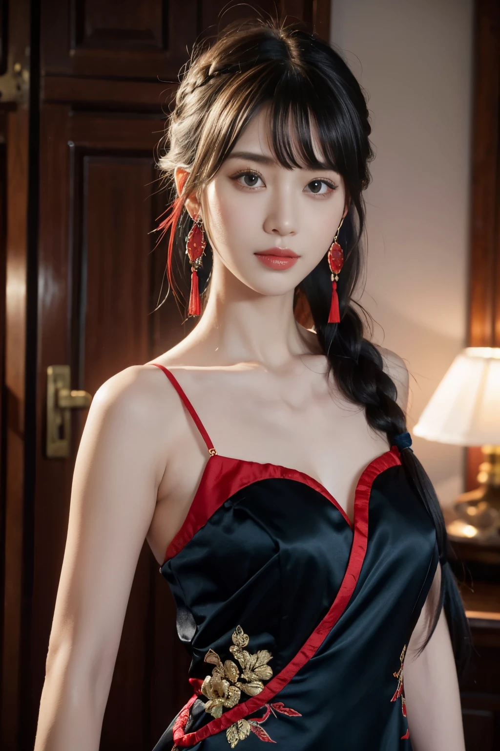 vibrant colors, female, masterpiece, sharp focus, best quality, depth of field, cinematic lighting, white hair, red eyes, braid, dress, long hair, red eyes, tattoo, earrings, jewelry, black dress, hair ornament, bangs, chinese clothes, breasts, china dress, sleeveless, 