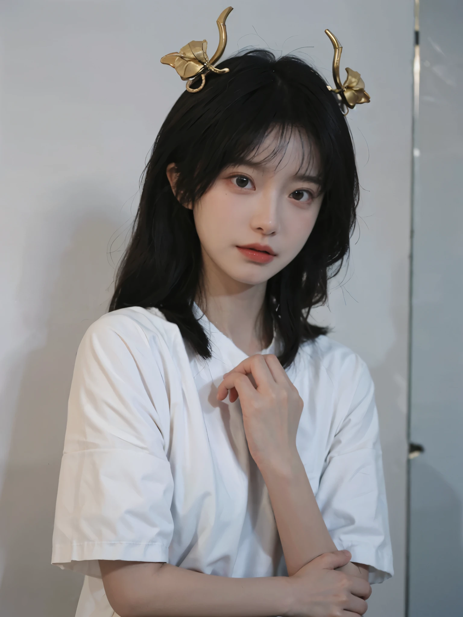 best quality, ultra high resolution, White background,(Upper body:1.4)(realistically:1.4), 2个girl,(medium shot:1.4 gold),short sleeves,cute,Atmosphere,twin,A pair of eyes as clear as snow,Royal sister,girl,looking at the audience, close up ,