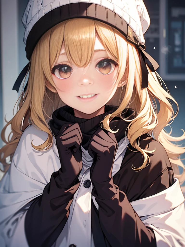 1 girl、cute、blonde、wavy hair、long hair、medium bob、Knitted hats、ribbon、gloves、white breath、face close up、はにかんだsmile、Winter clothes、Warm clothes、smile、１４age、little girl、white breath、Breathe on your hands、white muffler、Idol、cape、robe、