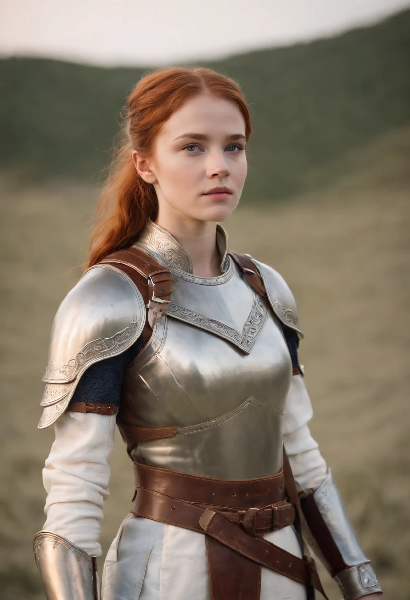 (highest quality) , (Sandy beach background), whole body, (Expressionless), to know, leather armor, redhead, gauntlet, hazel eyes, blue clothes, ponytail、Leather sandals、white sarouel pants、beautiful girl、Norwegian、teenager