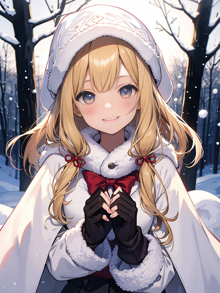 1 girl、cute、blonde、wavy hair、long hair、medium bob、Knitted hats、ribbon、gloves、white breath、face close up、はにかんだsmile、Winter clothes、Warm clothes、smile、14age、、white breath、Breathe on your hands、white muffler、Idol、cape、robe、It's snowing、