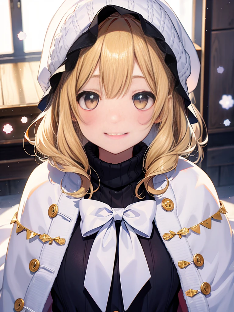 1 girl、cute、blonde、wavy hair、long hair、medium bob、Knitted hats、ribbon、gloves、white breath、face close up、はにかんだsmile、Winter clothes、Warm clothes、smile、14age、、white breath、Breathe on your hands、white muffler、Idol、cape、robe、It's snowing、