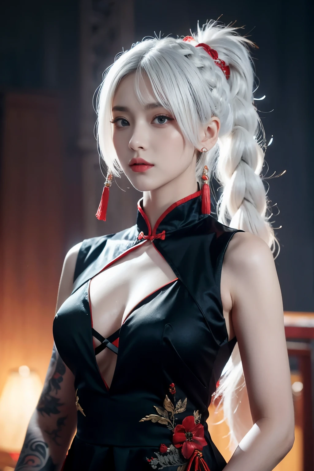 vibrant colors, female, masterpiece, sharp focus, best quality, depth of field, cinematic lighting, white hair, red eyes, braid, dress, long hair, red eyes, tattoo, earrings, jewelry, black dress, hair ornament, bangs, chinese clothes, breasts, china dress, sleeveless, 