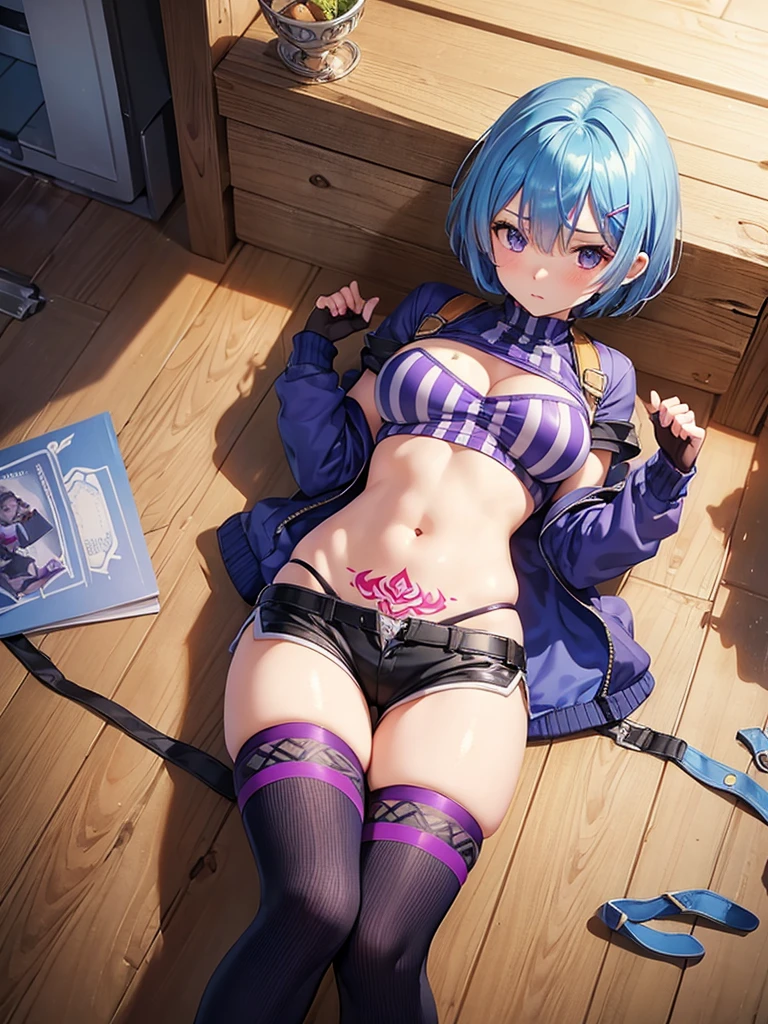 masterpiece, best quality, ultra-detailed, realistic, rem, re zero, Blue hair, stomach, navel, cleavage, girl, beautiful, mature woman, alt girl, many tattos, 18 years old, short hair, long legs, natural breast, thin frame, tall striped purple socks, long purple sweater, black tattoos, "true" tattooed on knuckles, sena \(xenoblade\), jacket crop top shorts thighhighs elbow gloves