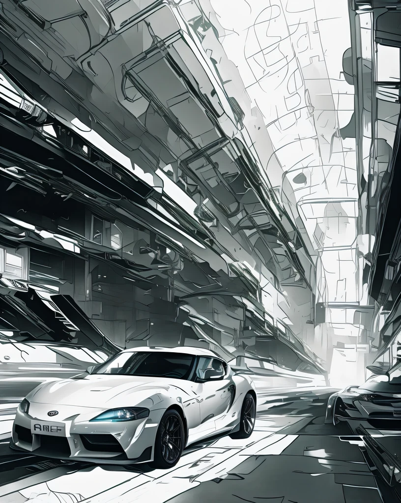 A sports car driving on a city street, Toyota Supra, There is a sports car in the room, Super detailed images, inspired by Kentaro Miura, car concept art, author:Richard Carlin, inspired by James Gurney, Few details. number, Kentaro Miura art, center straight composition, 8K high-detail concept art, anime art vehicle concept art