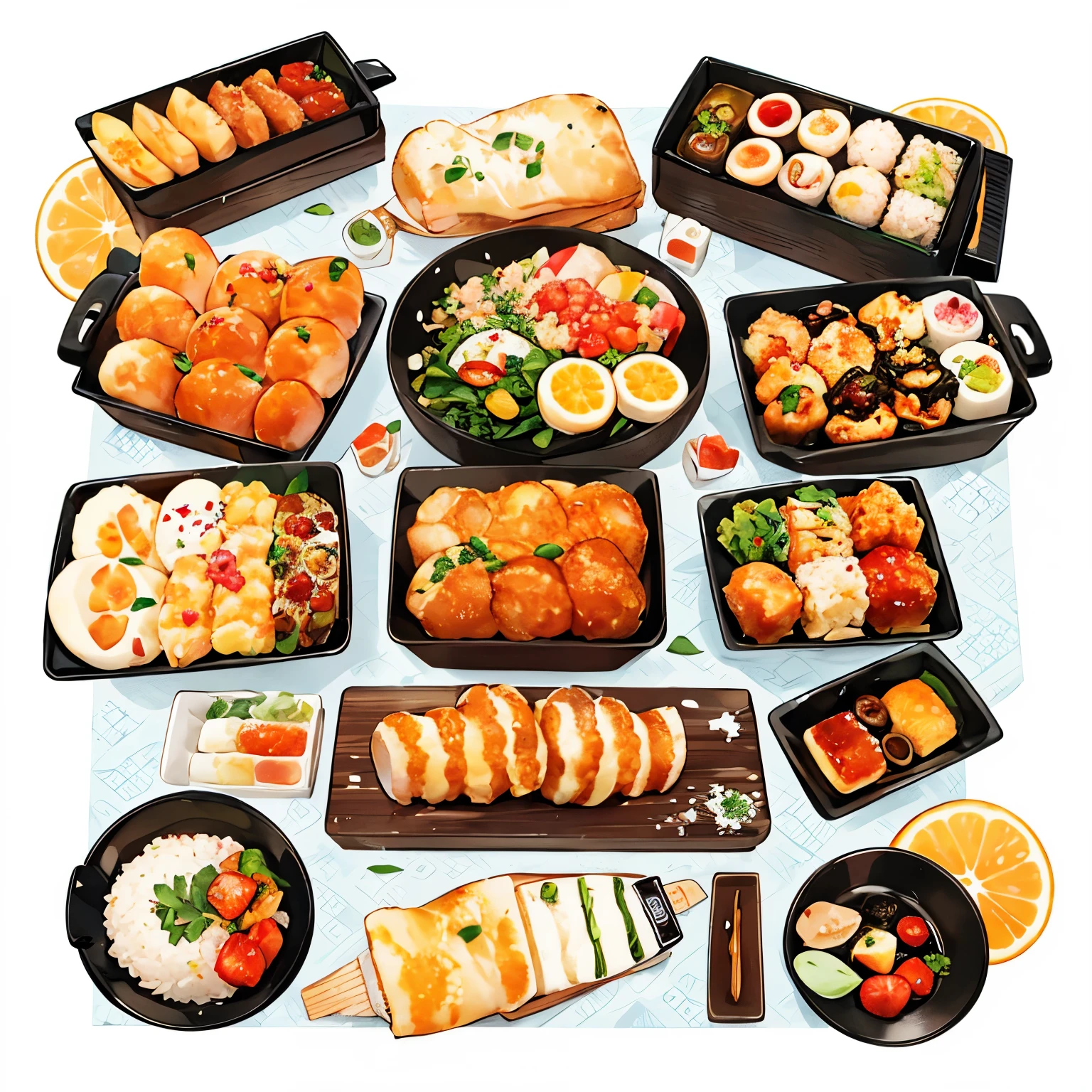 many,Japanese food,fried food,food,many styles,fruity ,sticker,more toppings,colorful,full view,clear background, piece by piece , icon , pattern , row , more details, only image, Master piece,high resolution