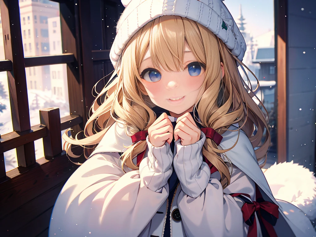 1 girl、cute、blonde、wavy hair、long hair、medium bob、Knitted hats、ribbon、gloves、white breath、face close up、はにかんだsmile、Winter clothes、Warm clothes、smile、14age、、white breath、Breathe on your hands、white muffler、Idol、cape、robe、It's snowing、