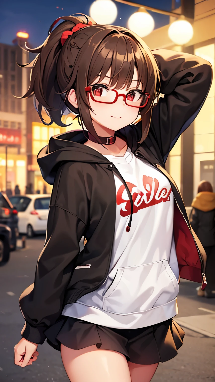 Girl, brown hair, ponytail short hair, red eyes, glasses, cute girl, light city, hoddie, mini skirt, hood up