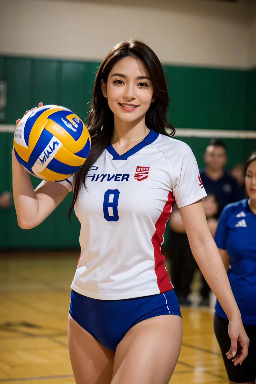 8k, UHD, (Hyperreal:1.4), 1 woman, (Super beautiful), (Beauty:1.5),(masterpiece:1.2), High Definition, High quality,(Female, 58 years old:1.1),(facial wrinkles:1.2),Smile,(volleyball uniform:1.3),(dynamic pose:1.3),1 girl,locker_room,(change of clothes:1.3), curvy_hips,covered nipples,cameltoe