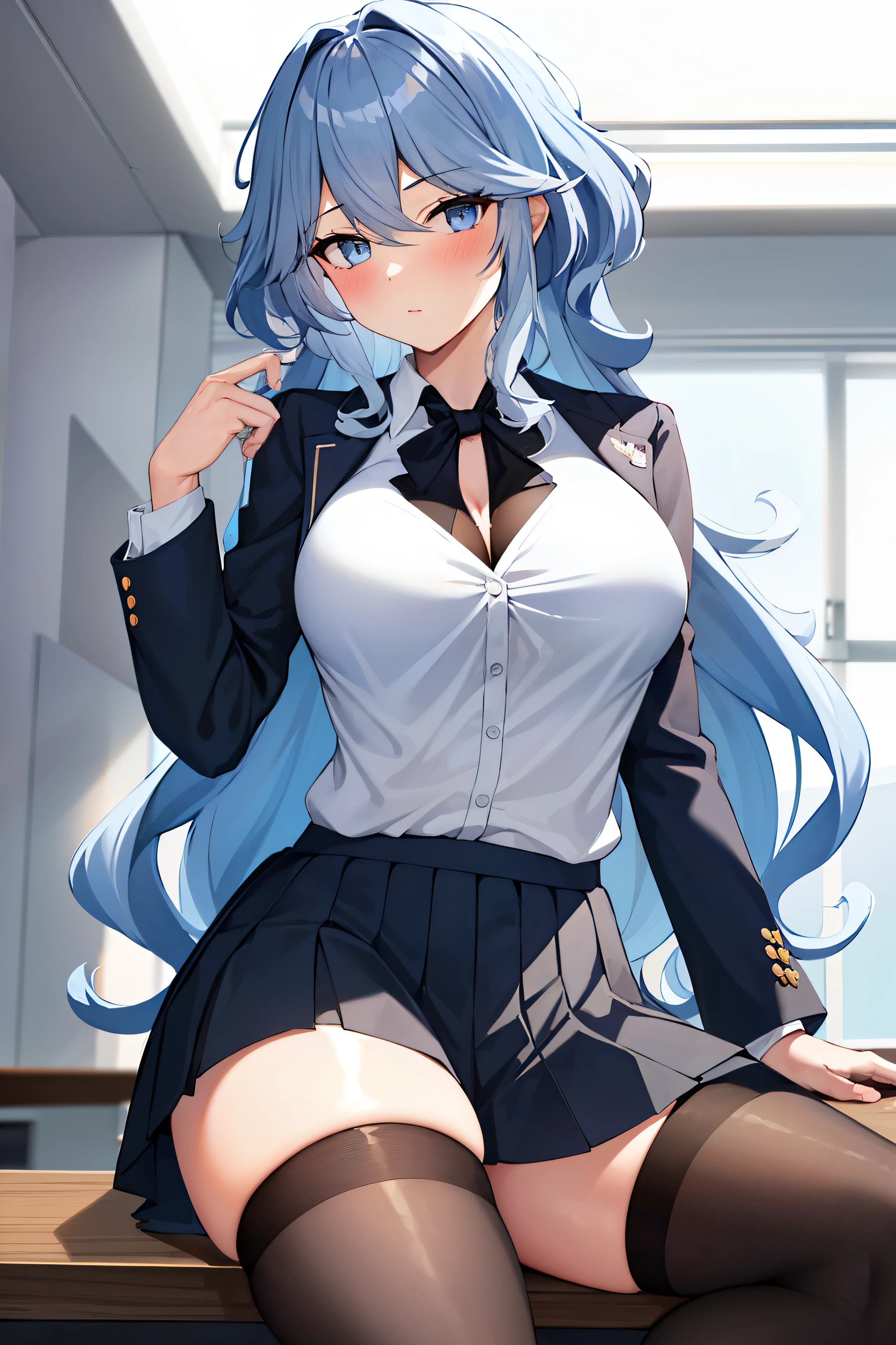 1girl, solo, ((white shirt)), black thighhighs, breasts, cleavage, uniform, office background, black skirt, pleated skirt, office,large breasts, looking at viewer, BLUE SEA HAIR, solo, thighhighs, thighs, very long hair, ((masterpiece)), sitting, chair, desk, computer on desk, name tag, id tag, indoor, blush, sexy pose,