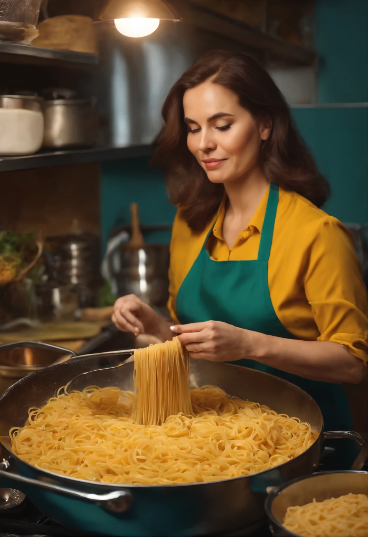 woman working in the kitchen cooks pasta