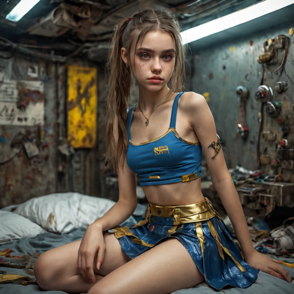 1 girls,  perfect likeness of Dasha Teran SDXL wearing blue and gold crop top and short skirt pulled up. Clothing torn, girls clothes and face is dirty from battle. She is petite and slim, small girl, short girl, fine detailed eyes, weapons slung over shoulder, sitting on a bed In a cyberpunk steel bunker with hatches etc., in the background. , professionally color graded, professional photography, well drawn, masterpiece, hyper realistic, ultra detailed, high quality, best quality, 4k, 8k, hi resolution, very young girl, young face, cute, beautiful, ((NSFW、realistic)), 