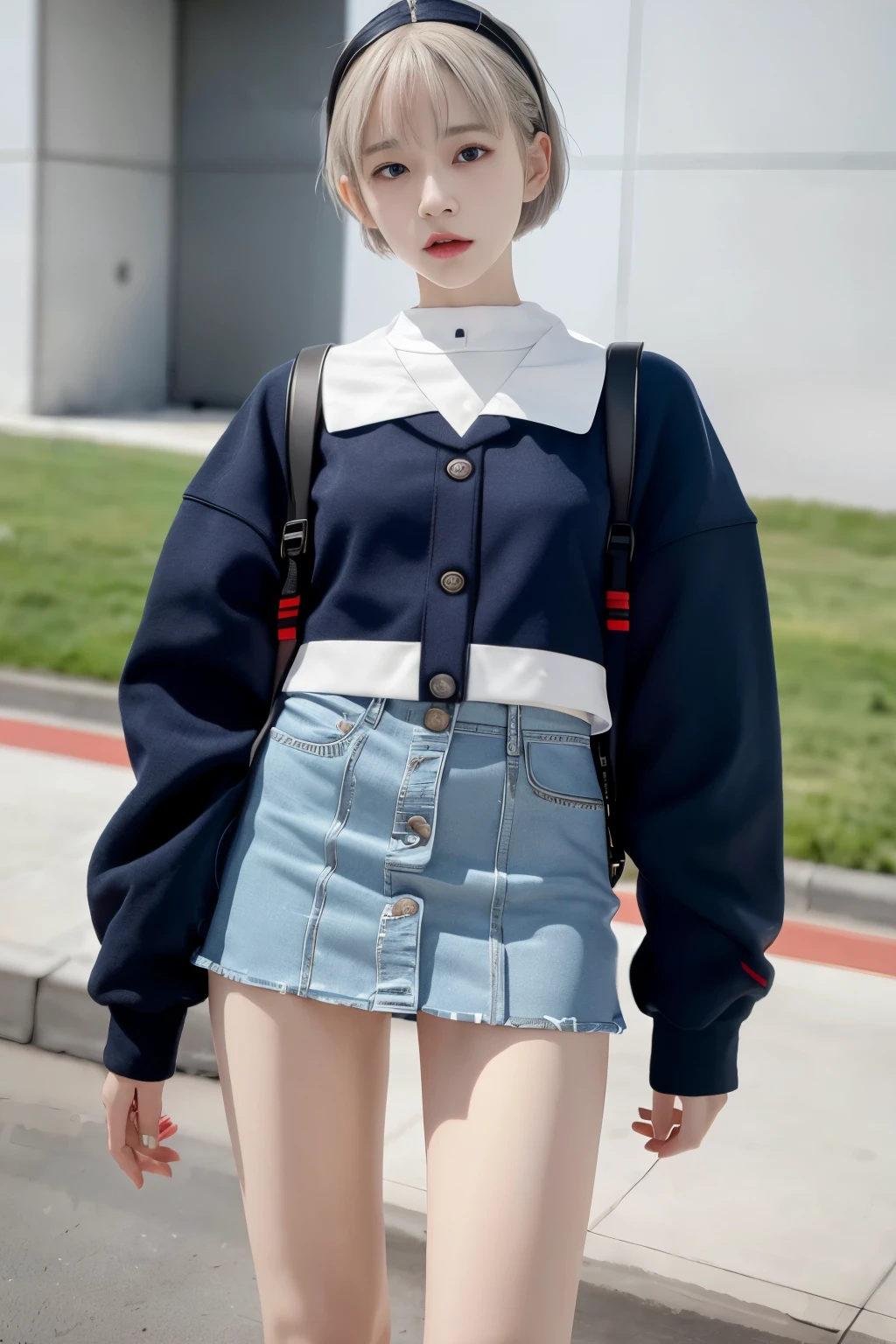 Rei Ayanami、mini skirt、(muste piece: 1.1), (best quality: 1.1)、(highly detailed skin), (best quality:1.0), (ultra high resolution:1.0) ,(realistic photo:1.0), (Super detailed:1.0), (8K, Raw photo:1.1),