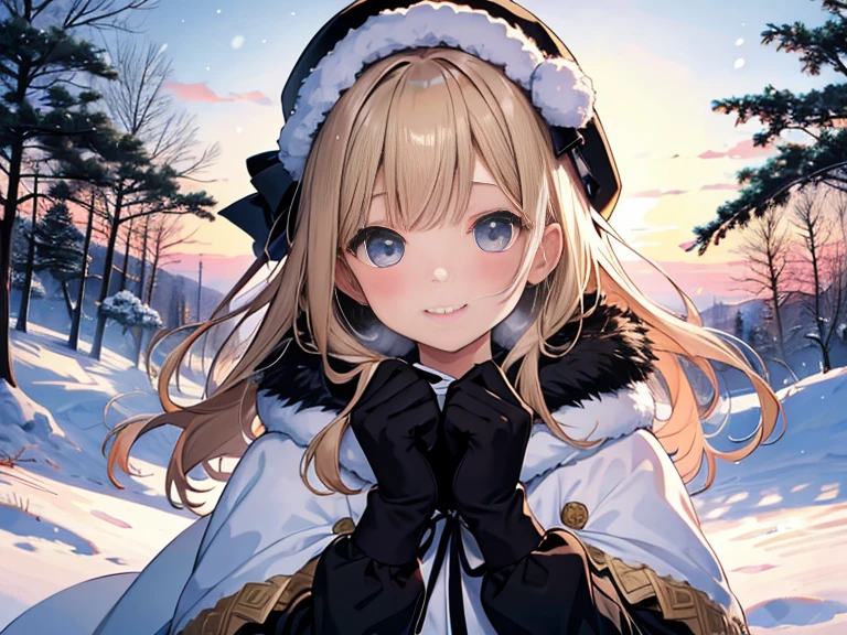 photo realistic, photo realistic, photo realistic, (masterpiece,best quality:1.4),(8k,raw photo,photo realistic:1.2),Not Safe for Work, detailed skin,detailed face,1girl,Japanese idol,cute face,1 girl、cute、blonde、wavy hair、long hair、medium bob、Knitted hats、ribbon、gloves、white breath、face close up、はにかんだsmile、Winter clothes、Warm clothes、smile、14age、little girl、white breath、Breathe on your hands、white muffler、Idol、cape、robe、It's snowing、