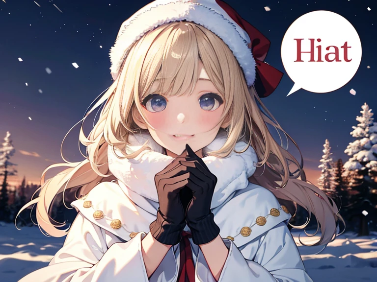photo realistic, photo realistic, photo realistic, (masterpiece,best quality:1.4),(8k,raw photo,photo realistic:1.2),Not Safe for Work, detailed skin,detailed face,1girl,Japanese idol,cute face,1 girl、cute、blonde、wavy hair、long hair、medium bob、Knitted hats、ribbon、gloves、white breath、face close up、はにかんだsmile、Winter clothes、Warm clothes、smile、14age、、white breath、Breathe on your hands、white muffler、Idol、cape、robe、It's snowing、