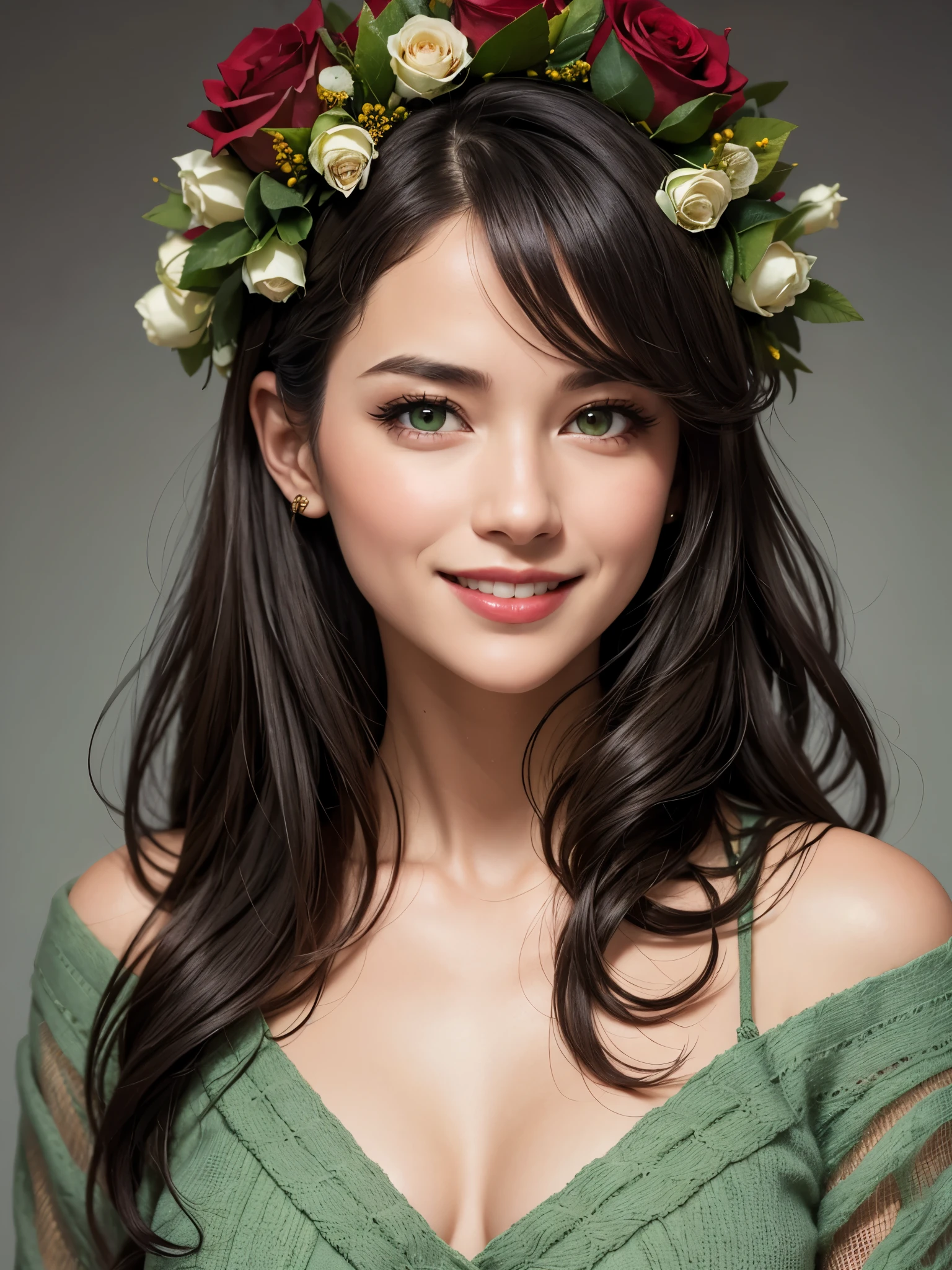 Beautiful woman 40 years old, dark straight hair of medium length, gray-green eyes, a wreath of roses on her head, average height, happy smile. UHD, best quality, 16k, anatomically correct, textured skin, super detail