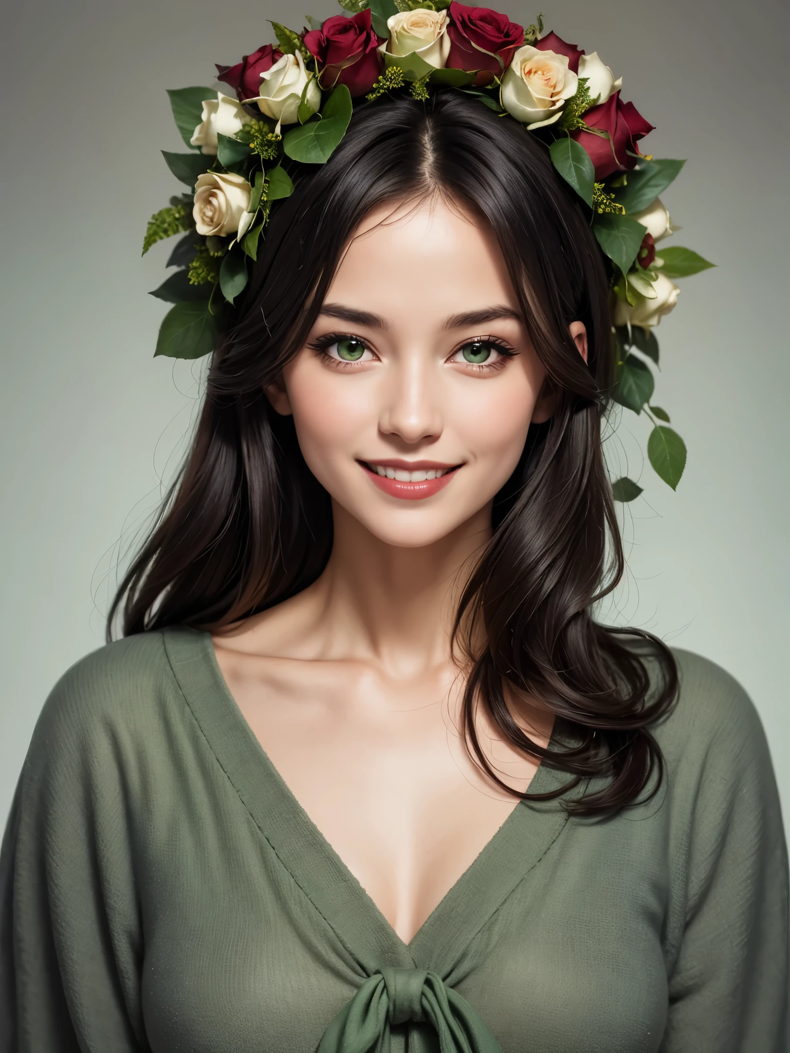 Beautiful woman 40 years old, dark straight hair of medium length, gray-green eyes, a wreath of roses on her head, average height, happy smile. UHD, best quality, 16k, anatomically correct, textured skin, super detail