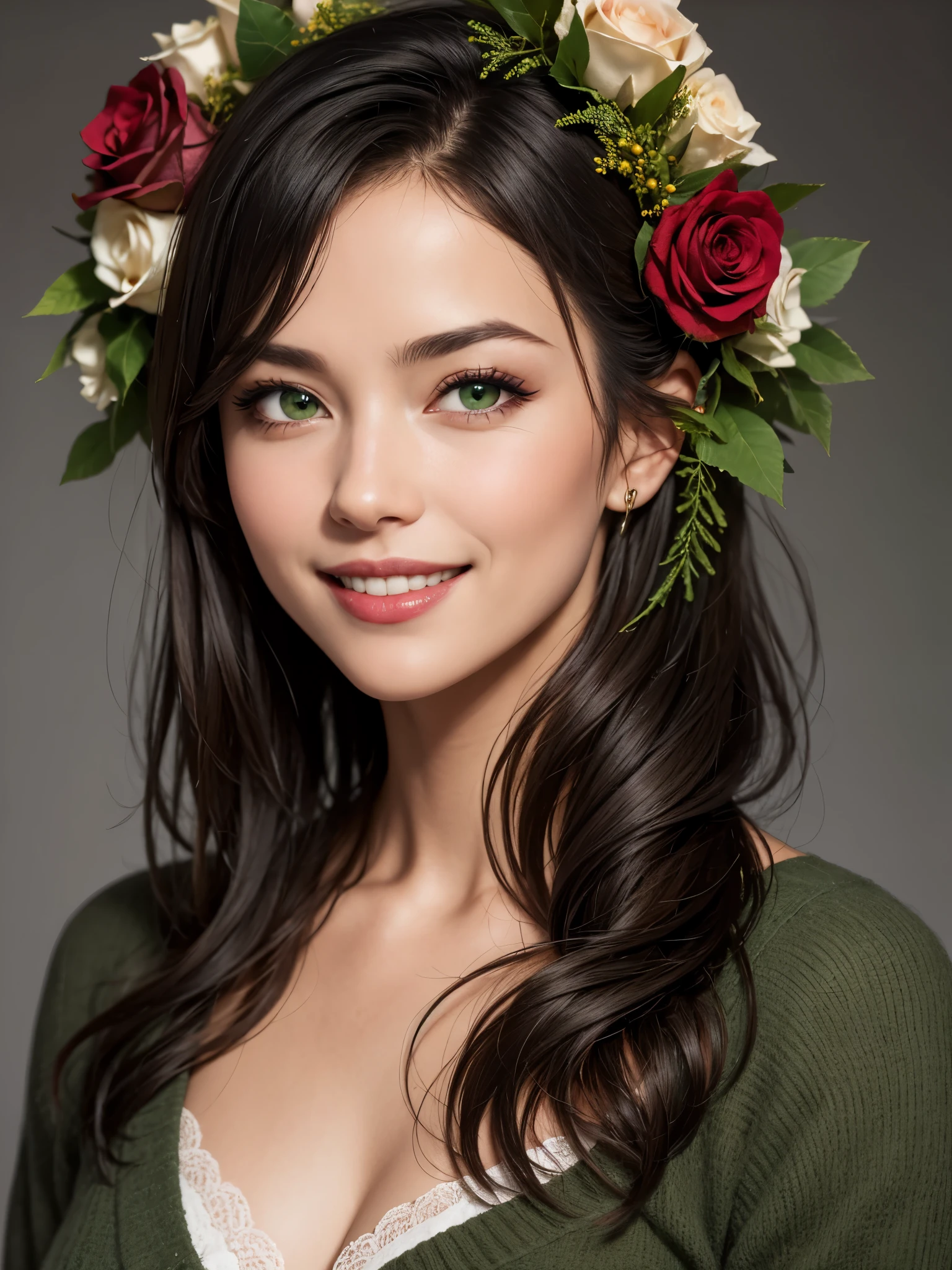 Beautiful woman 40 years old, dark straight hair of medium length, gray-green eyes, a wreath of roses on her head, average height, happy smile. UHD, best quality, 16k, anatomically correct, textured skin, super detail