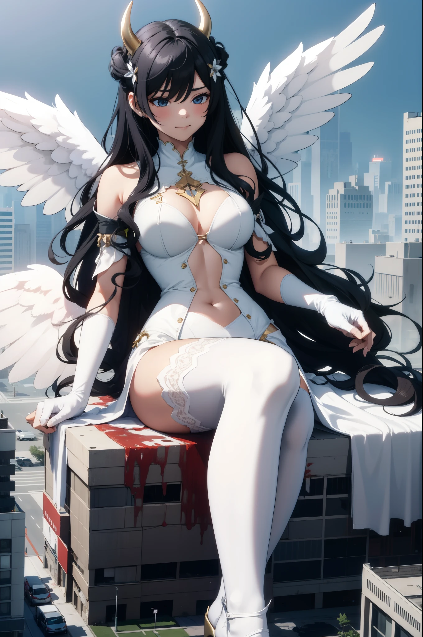 Aerial View，giant girl 50,000 feet high，Weight 1000kg，Have a pair of long legs，Has a pair of huge angel wings，With huge devil horns on his head，Has waist-length black hair，loose hair，Big black wavy curls，Wearing a pair of white Mary Jane high heels，White lace gloves，White lace pantyhose，白色蕾丝whole body，Stand upright，There is a small city at your feet，Beautiful appearance，Exquisite makeup，quality，8k，高quality，Perfect proportion, Cinema lighting，film grain，Fuji colors，8k，textured skin，Super details，high detail，high resolution，explode，fake smile，blood stains，脚底有blood stains，whole body，Obese，feather